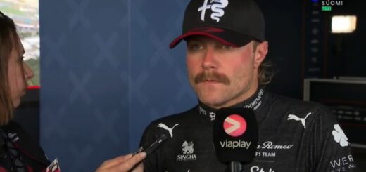Valtteri Bottas haastattelussa Silverstonen F1-osakilpailun jälkeen. Kuva: Twitter / Viaplay Urheilu